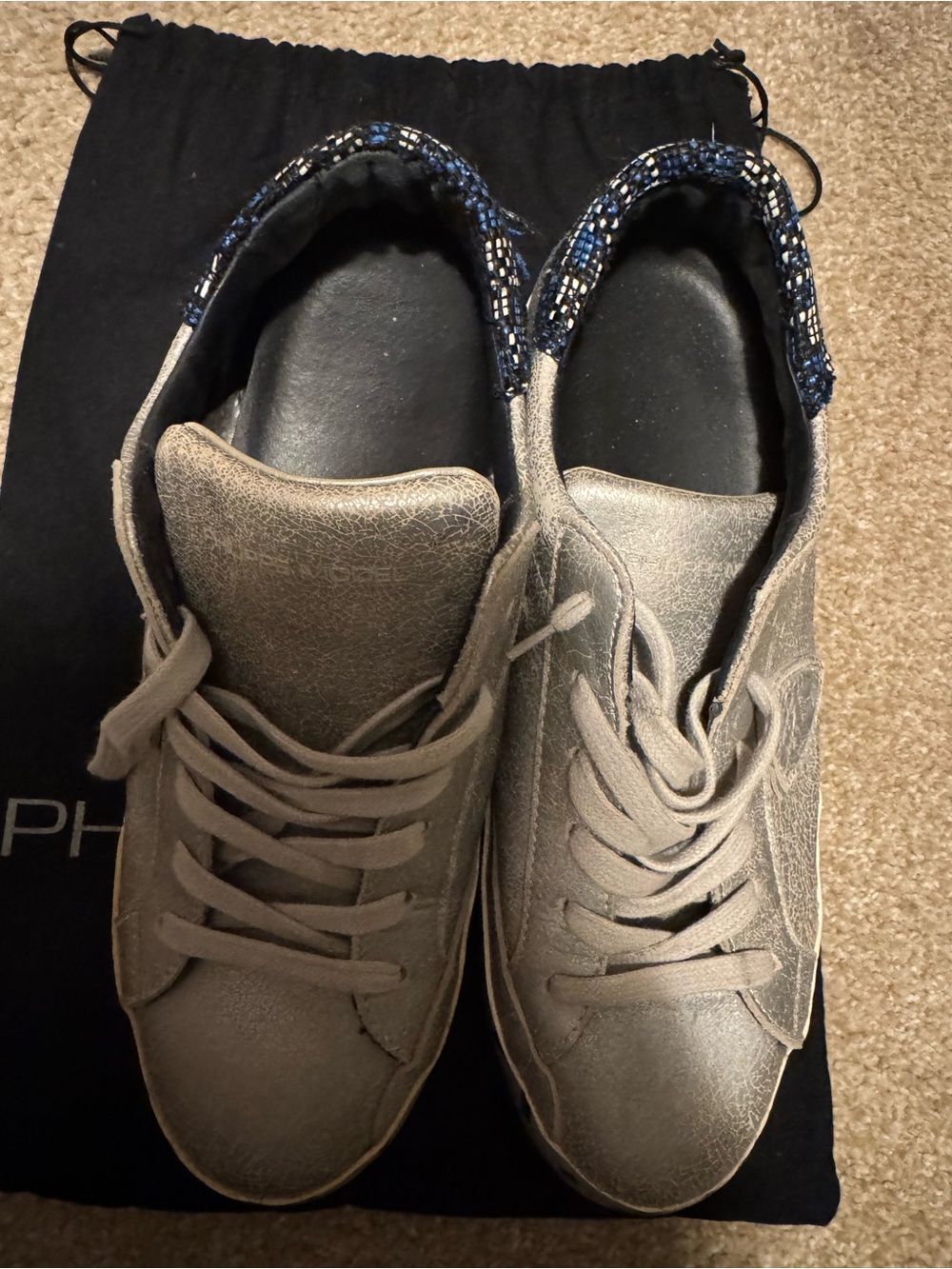 Metallic Silver Women's Casual Sneakers with Beaded Heel Accent